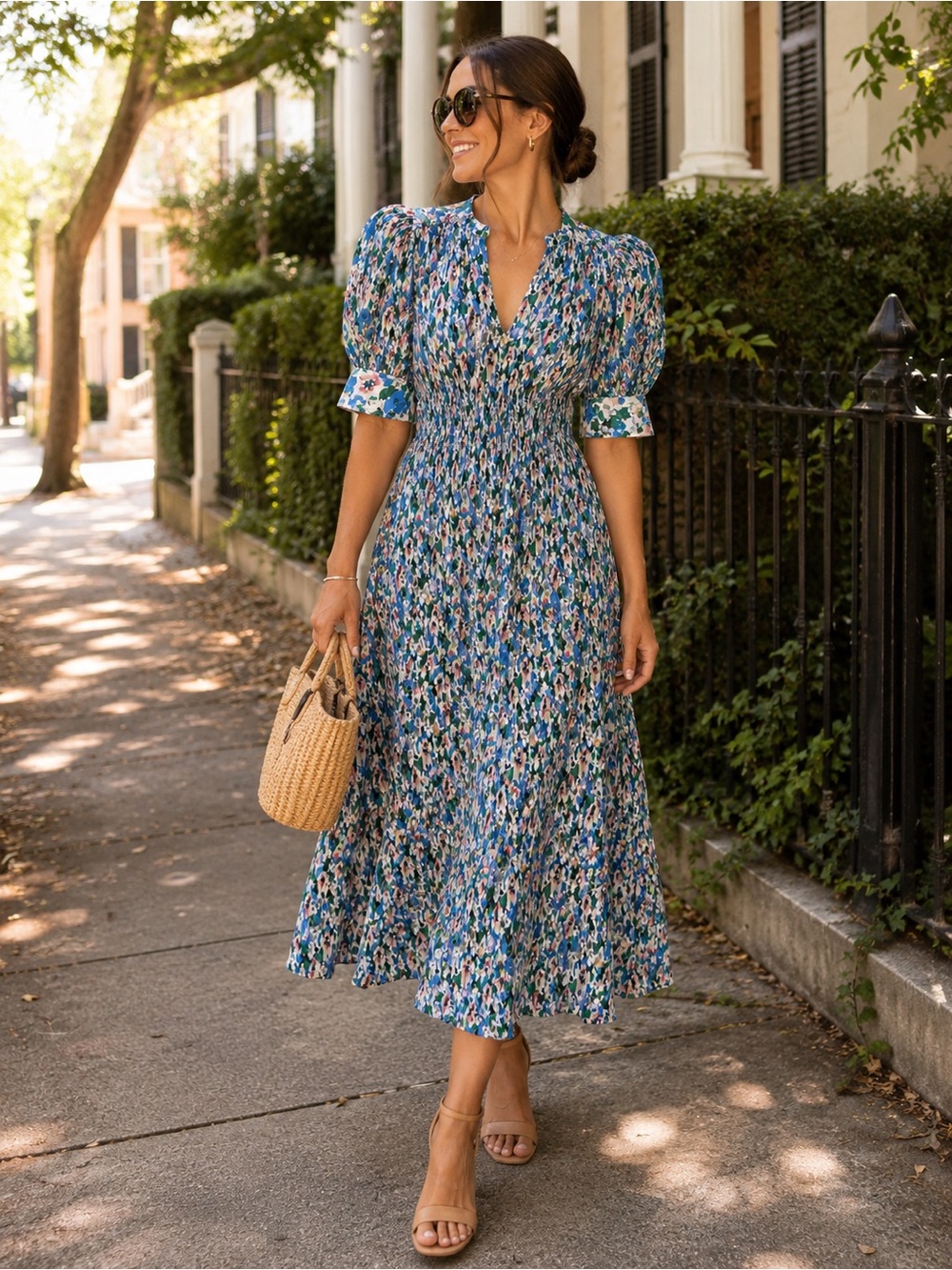 Ganni Blue Floral Midi recycled polyester lined v neck dress NWT 36 (4)